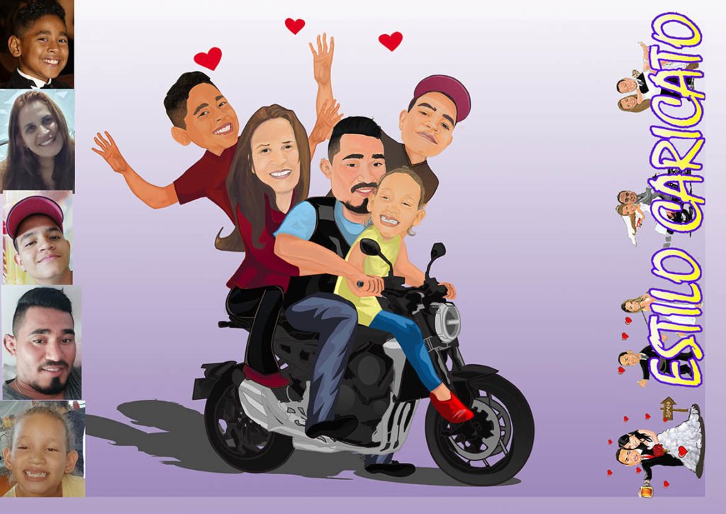 Caricatura digital- Família na moto