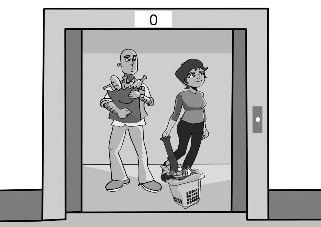 Cesto com Rodas no estilo cartoon no elevador.