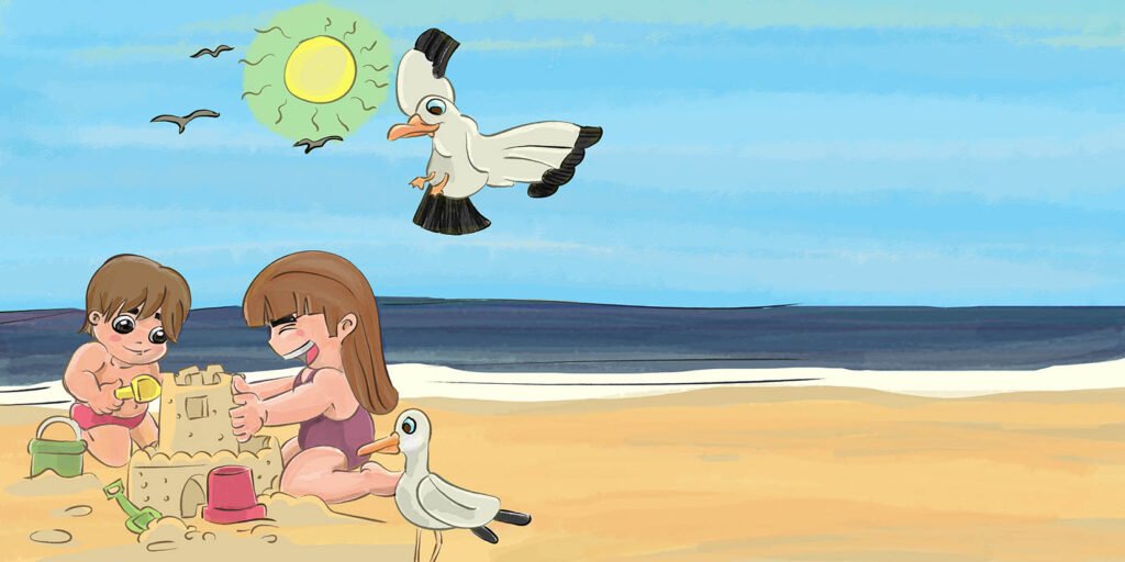 Ilustração infantil para livro- Crianças na Praia.