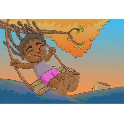 Ilustração infantil colorida mostrando criança se balançando para o livro Poetisas e Poetas das Infâncias, criada pelo ilustrador Dias